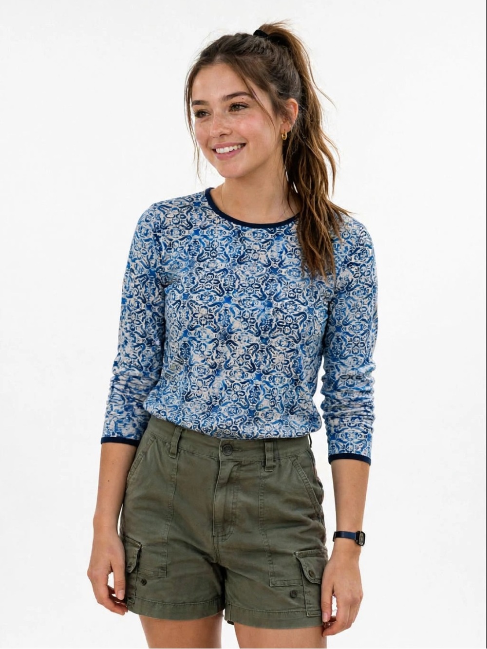 Lands' End Blue and White Printed Long Sleeve Tee